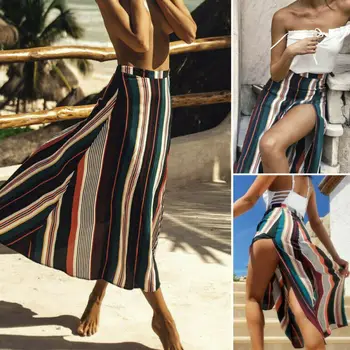 

Women Elastic Waist Split Skirt Ladies Casual Sexy Stripe High Waist Skirt