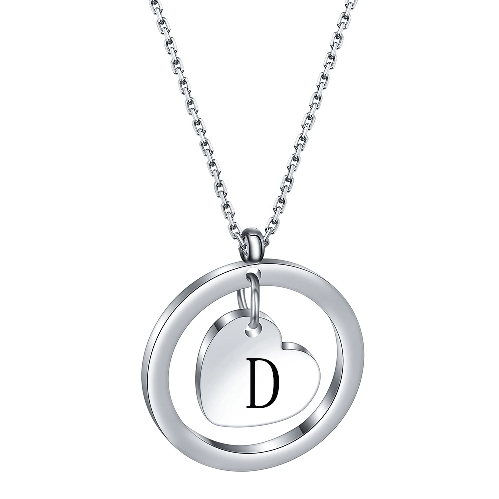 Stainless Steel Heart Initial Necklace Pendant with Black Letter Gift