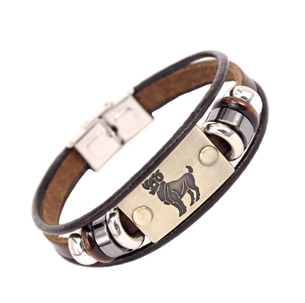 MIXMAX 24pcs 12 constellation genuine leather bracelet men's and women's bracelet punk rock style wholesale lots bulk