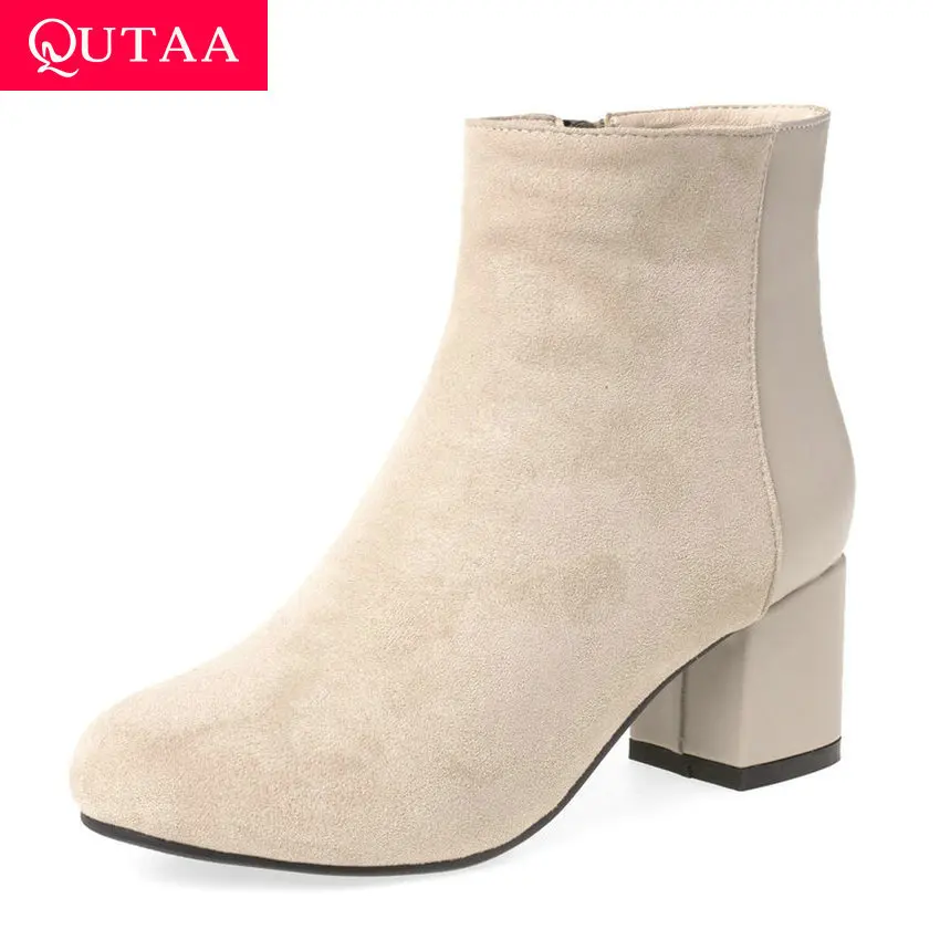 QUTAA/ г. Модная женская обувь из флока и искусственной кожи в стиле пэчворк; сезон осень-зима ботильоны на молнии с круглым носком на квадратном каблуке Большие размеры 34-43