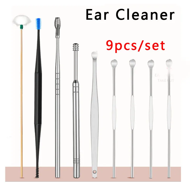 

9pcs/set Portable Ear Cleaner Ear Wax Pickers Stainless Steel Spiral Earpick Wax Remover Curette Ear Cleaning Spoon Care Tool