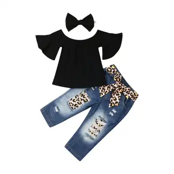 

New Fashion Toddler Kids Baby Girl Off shoulder Ruffle Shirt T shirt Denim Jeans Leopard Pants Headnband Outfit 3PCS Clothes Set