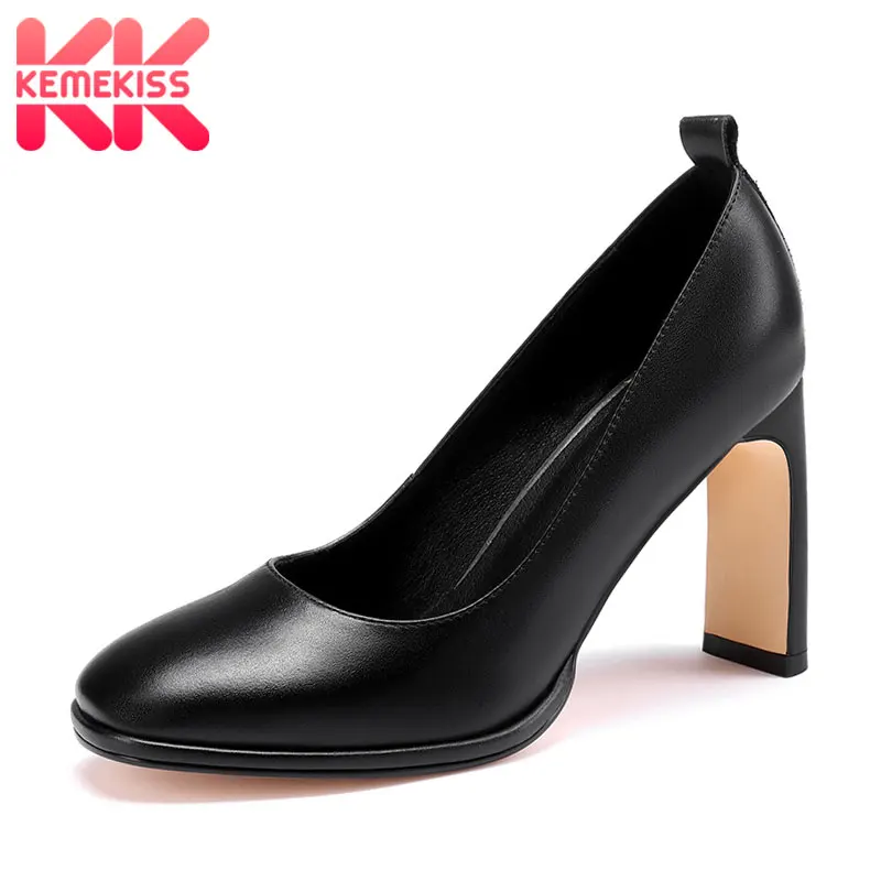 

KemeKiss Women Pumps Thick Heel Round Toe Shoes Women Real Leather Shallow Solid Color Thick Heel Slip On Footwear Size 32-42