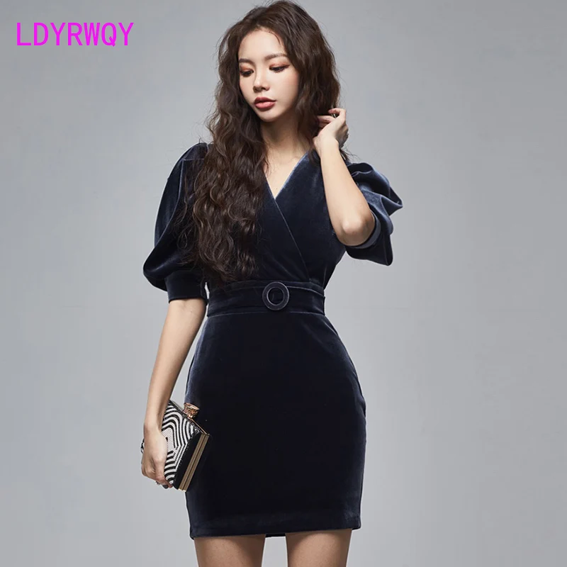 

2020 spring new style gold velvet V-neck waist was thin package hip dress Knee-Length Regular Office Lady Polyester