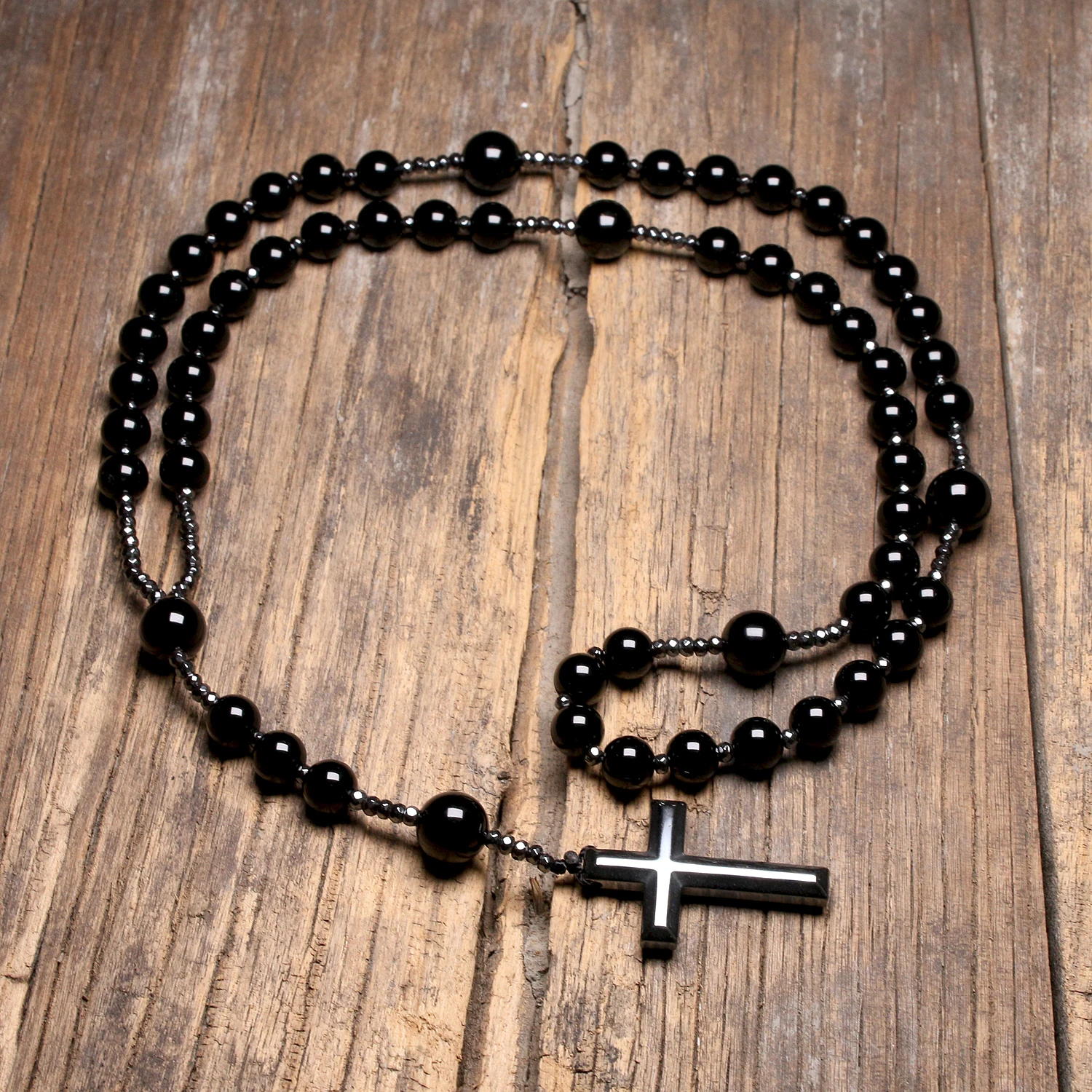 Natural Black Onyx Beads Catholic Christ Rosary Necklaces Hematite Cross Pendant Men Necklace Meditation Mala Jewelry