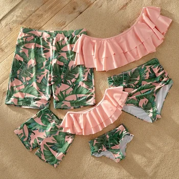 

beach family matching swimsuits ruffled mother daughter swimwear mommy and me clothes dad son swim trunks family outfits look