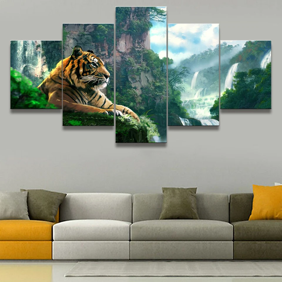 Гостиная HD печатный плакат Современная Настенная живопись 5 панель Тигр и Горный водопад изображения для украшения дома рамки