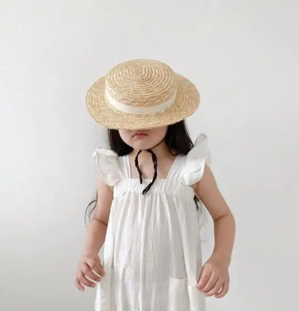 White Summer Girls Cotton Casual One-piece Jumpsuit with Flying Sleeve and front Pocket detail Kids