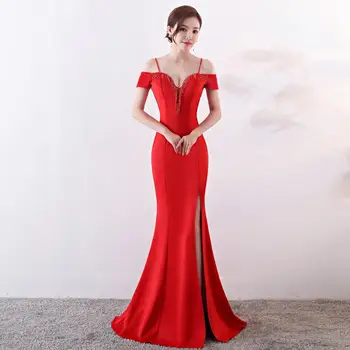 

Temptation nightclub ktv sexy banquet evening dress hosted a word shoulder Long section fishtail split slim dress evening dress