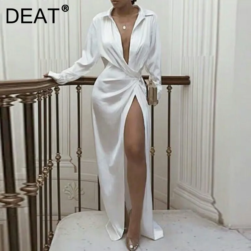 Женское асимметричное платье DEAT однотонное Свободное с высокой талией V-образным