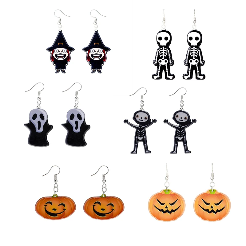 

Halloween Pumpkin Skeleton Ghost Pendant Earrings Fashion Cartoon Acrylic Witch Earrings Female Trendy Simple Jewelry Gift