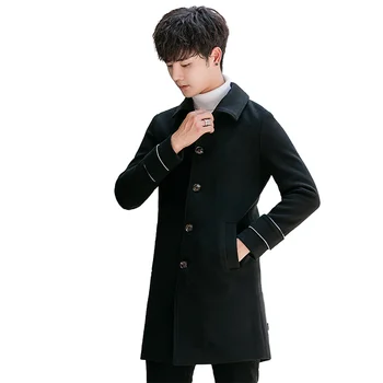 

2019 New Men Leisure Medium-Long Sections Wool Blend Coats Autumn Winter Fashion British style Solid Slim Fit Trench Jacket