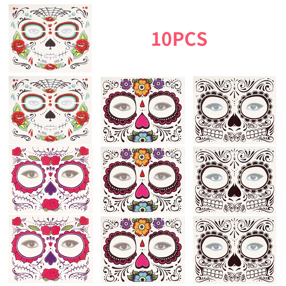

10pcs/set Mask Face Sticker Day of The Dead Makeup Halloween Cool Beauty Face Waterproof Tattoo Set for Makeup Cosplay Party