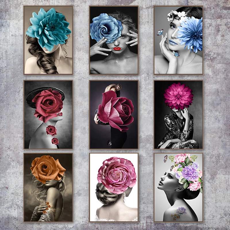 

Scandinavian Flower Woman Wall Art Canvas Print Abstract Poster Painting Decoration Picture Nordic Modern Living Room Decor