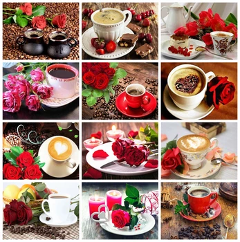 

Huacan 5D Diamond Painting Coffee Cup Full Square Diamong Mosaic Rose Kitchen Needlework Handicraft Home Decor
