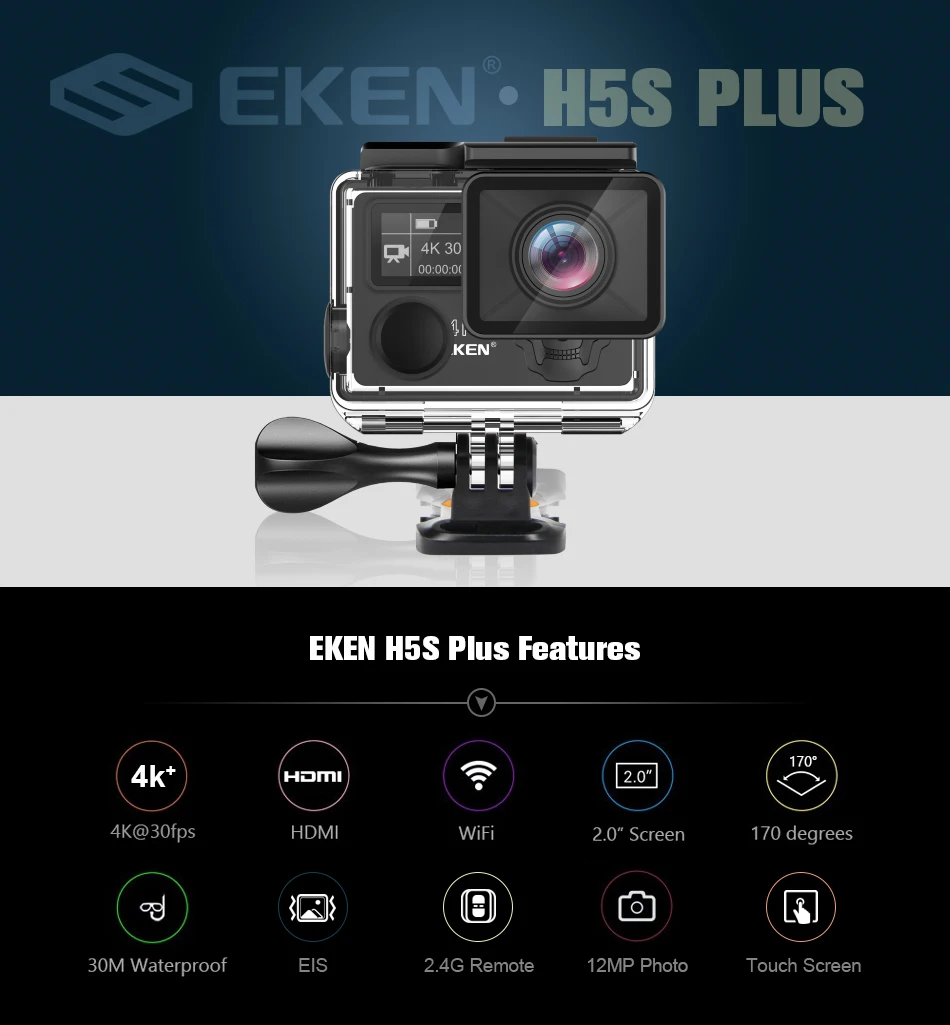 Eken H5S Plus Экшн-камера HD 4K 30fps EIS с чипом Ambarella A12 внутри 30 м Водонепроницаемая 2,0 'Спортивная камера с сенсорным экраном