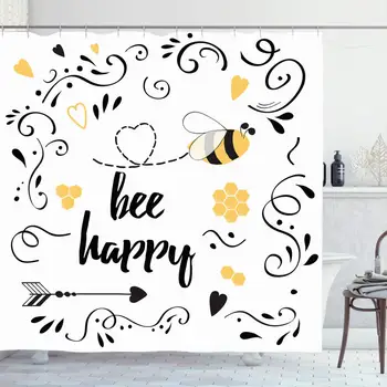 

Shower Curtain Set with Hooks 72x78 Inches Drawn Ornate Hand Bee Happy Day Phrase Typographic Retro Yellow Quote Floral Vintage