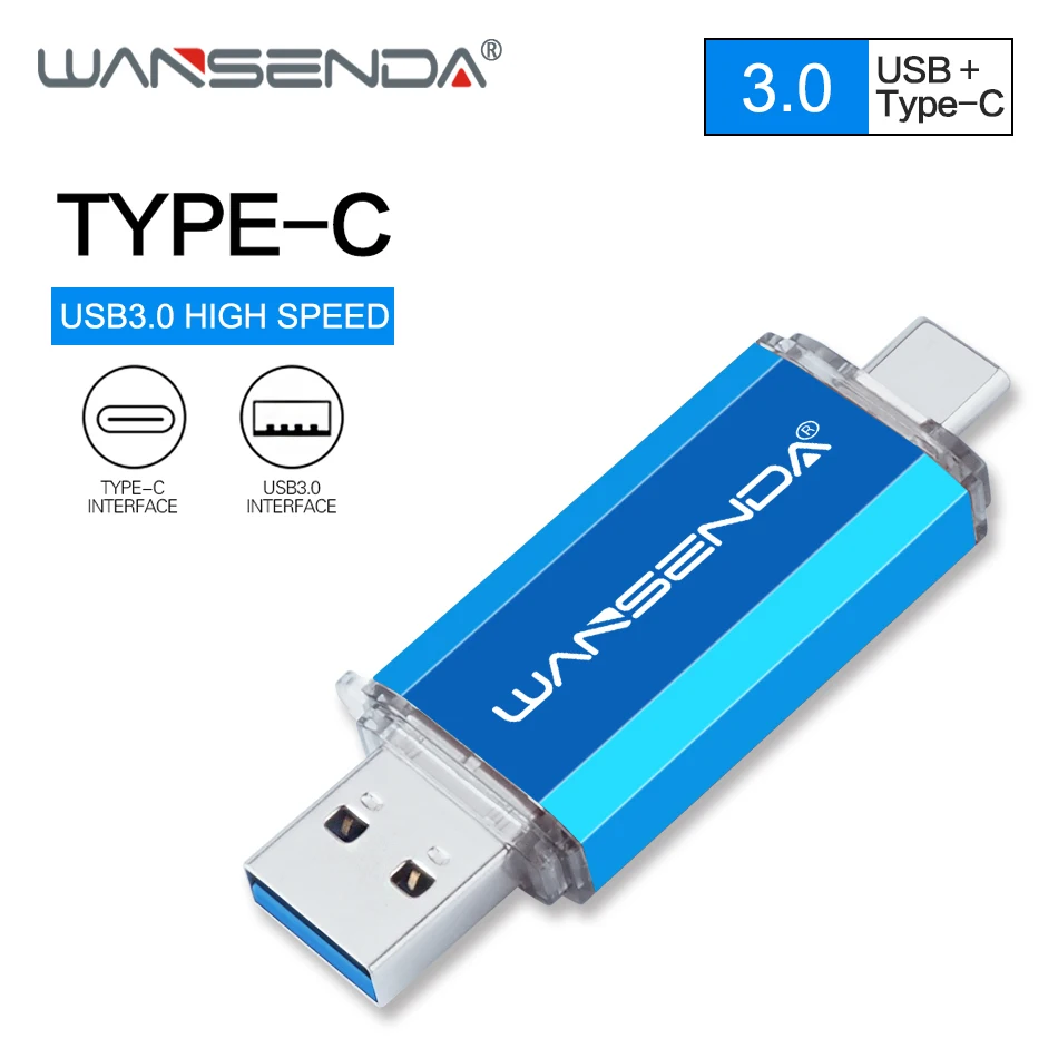 Original WANSENDA USB Flash Drive OTG 2 in 1 USB3.0& Type C Pen Drive 32GB 64GB 128GB 256GB 512GB Pendrive for Type-C Mobile