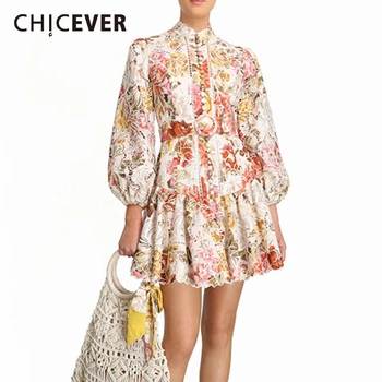 

CHICEVER Perint Ruffle Dresses For Female Stand Collar Lantern Long Sleeve High Waist With Sashes Mini Dress Women 2020 Clothing