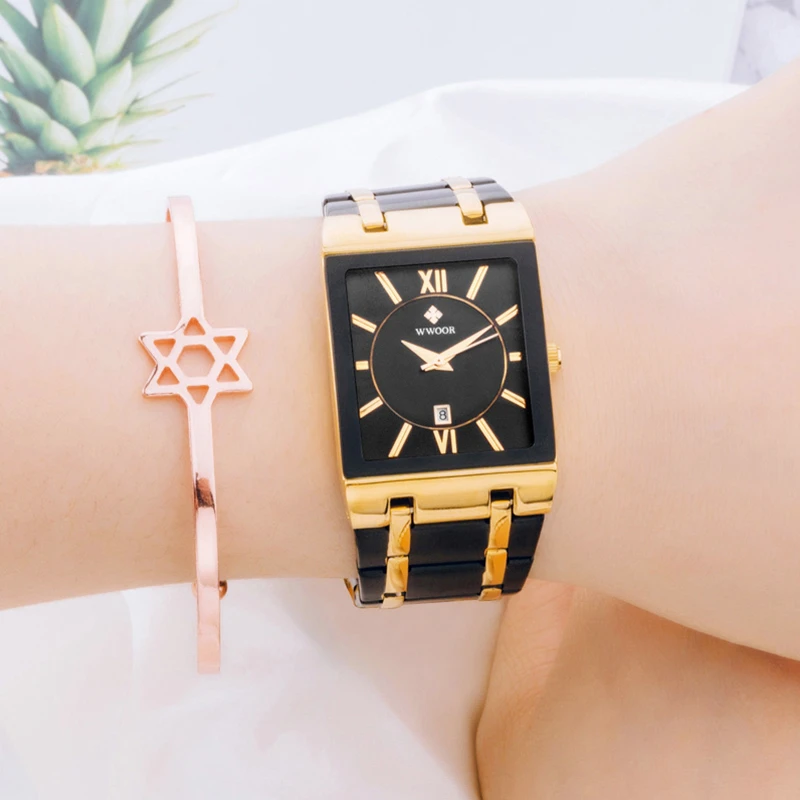 WWOOR New Design Women Bracelet Watches Top Brand Luxury Gold Square Quartz Watch Ladies Dress Waterproof Wrist Watch Gift Clock