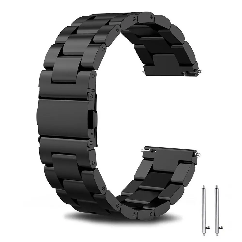 

New men women watchbands three beads stainless steel solid steel belt 18mm~24mm watch belt folding safety buckle strap black