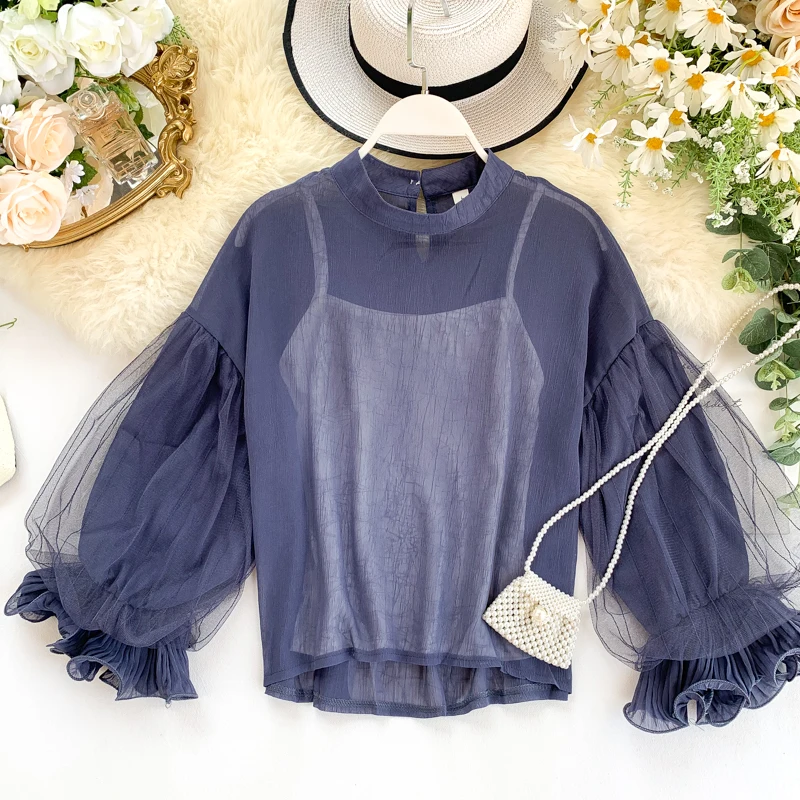 Новинка весна-осень 2019 Женская приталенная шифоновая сетчатая рубашка с круглым
