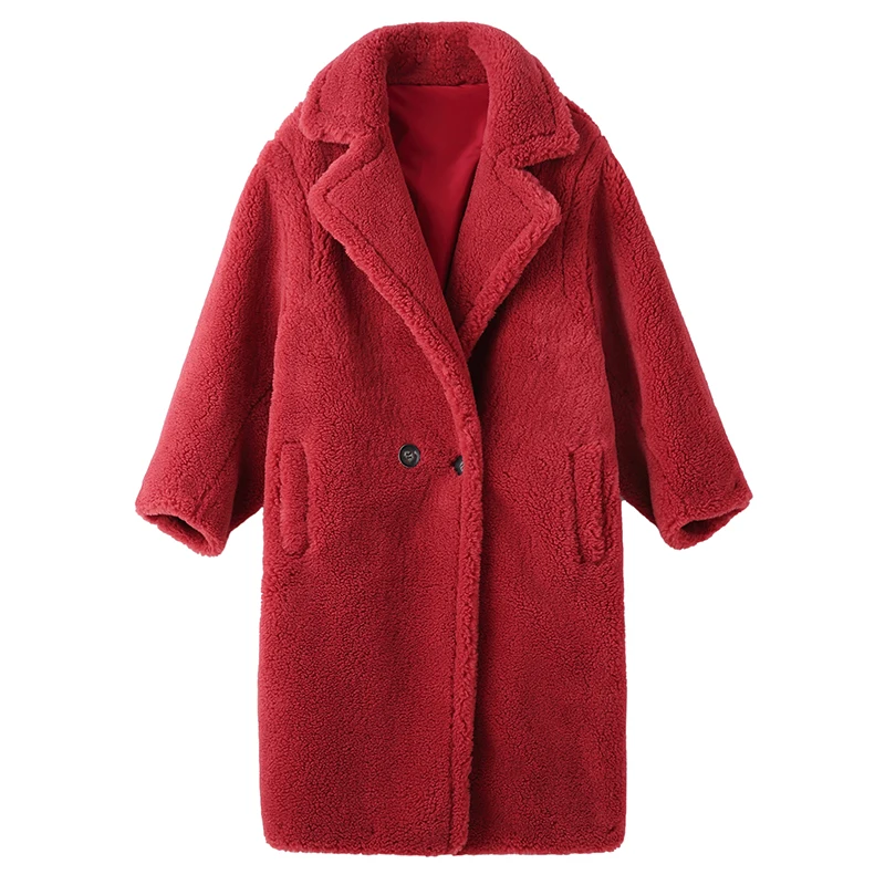 red PUDI, новинка, женская мода, натуральный овечий мех, пальто для девочек, для отдыха, однотонная плюшевая куртка, пальто ct817 - Цвет: red
