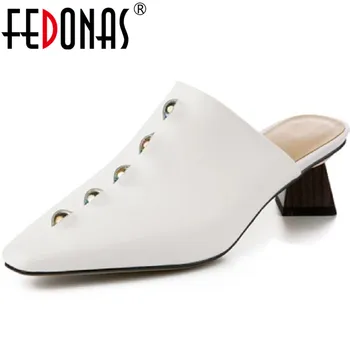 

FEDONAS 2020 Cow Leather Women Square Toe Shallow Pumps Spring Summer Metal Decoration Strange Heeled Half Slippers Shoes Woman