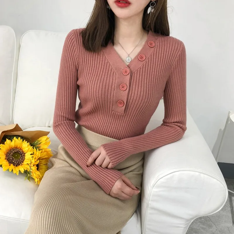 Autumn Knitted Black Sweater Women Casual Pure Bottoming Sweaters Women Button V-Neck Long Sleeve Pullover Autumn Knitted Black Sweater Women Casual Pure Bottoming Sweaters Women Button V-Neck Long Sleeve Pullover