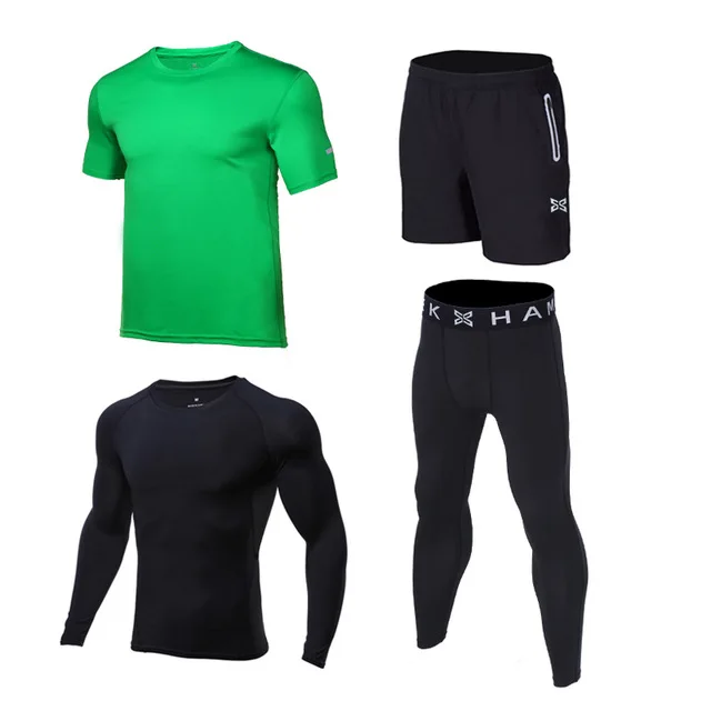 4PCS Grass green set Детская компрессионная одежда для бега, спортивный костюм, рубашка+ шорты, Детская футболка для футбола, баскетбола, футбола, тренажерного зала, фитнеса, колготки, леггинсы - Цвет: 4PCS Grass green set