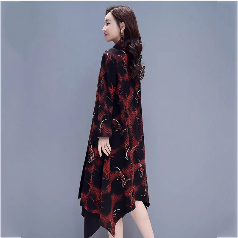 Платье большого размера нетипичный женский корейский принт свободное новое осенне-зимнее платье плюс бархат Теплый свитер с длинными рукавами халат f1667