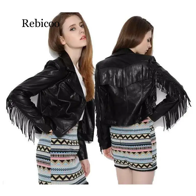 Womens Rock Tassel Suede Fringe Faux Leather Jacket Coat Long Sleeve Autumn Winter Biker Streetwear Black Outwear