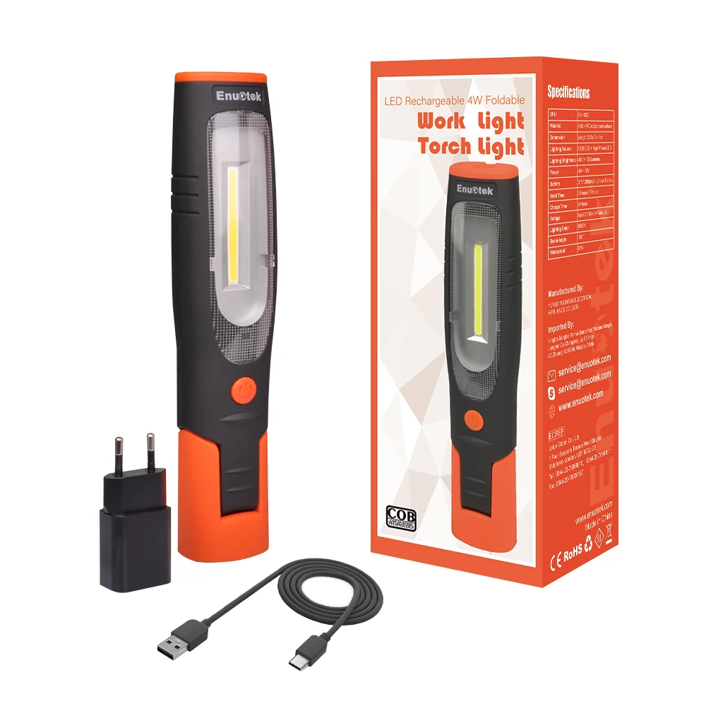 Rechargeable LED Work Light Portable Cordless LED Inspection Lamp Dual Hooks LED Torch Light with EU Plug Foldable Magnetic