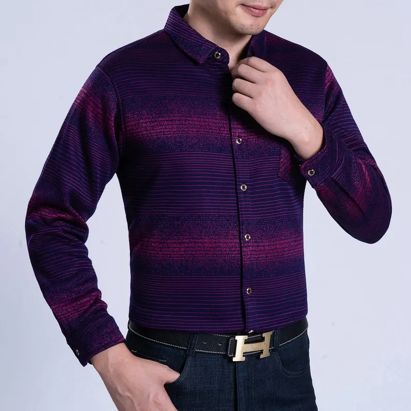 Men Cashmere Wool Shirts Autumn Winter Thicken Warm Tops Blue Purple Gradual Cross Stripe Business Smart Casual Blouse Plus Size