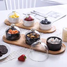 Japanese tableware black ceramic dessert bowl fruit platter creative glass cover household snack plate dried fruit cake plate