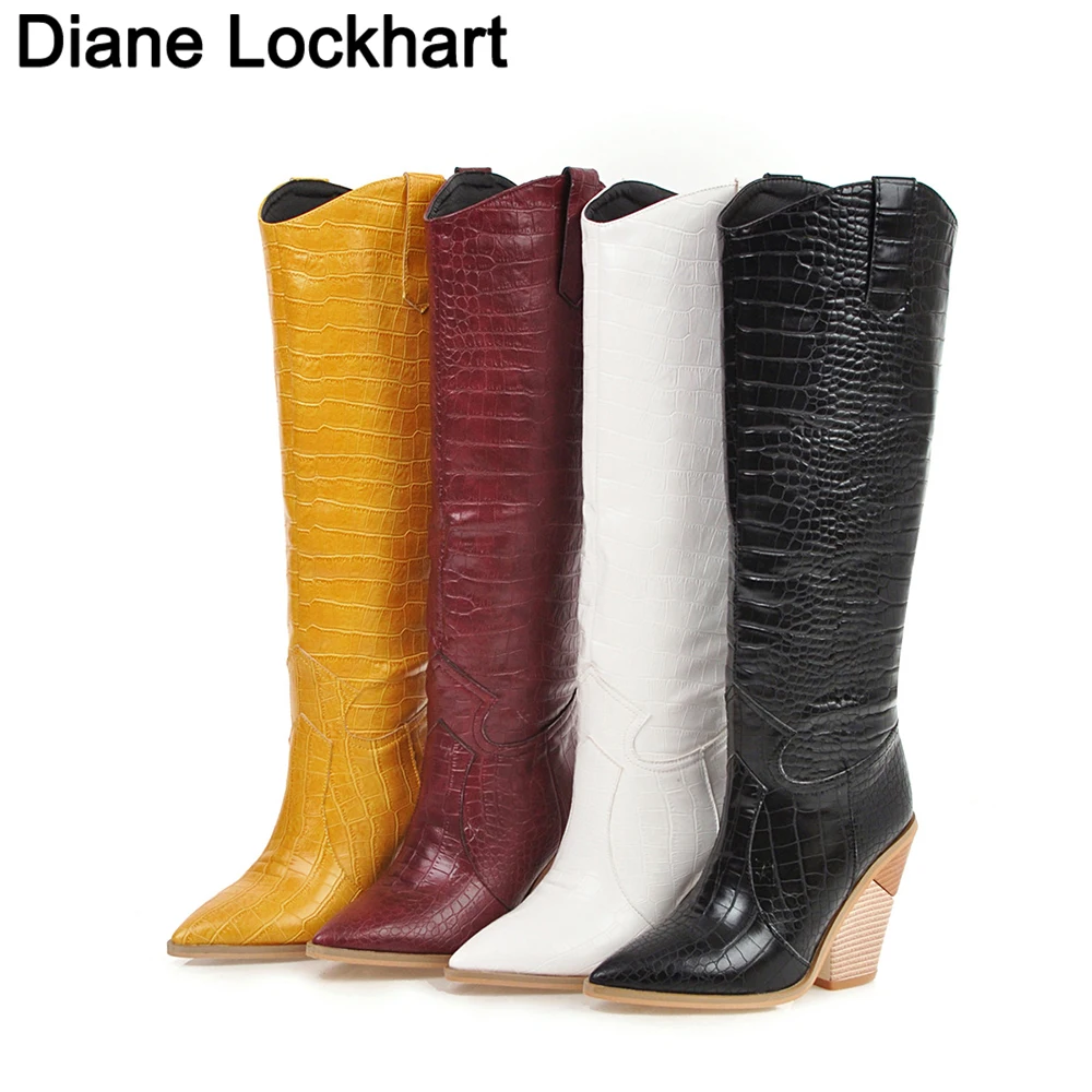 Botas hasta la rodilla para mujer, botines occidentales de vaquero, botas  largas de invierno con punta puntiaguda, cuñas para moto, negro, amarillo y  blanco|Botas hasta la rodilla| - AliExpress