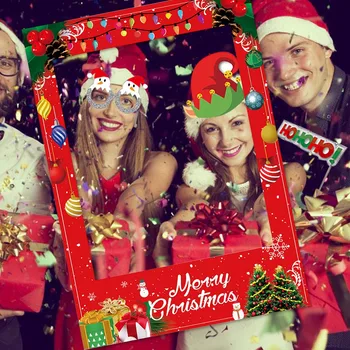 

Behogar Merry Christmas Funny Paper Selfie Frame with 1 Set Photo Booth Props for Christmas Xmas Eve Party Supplies