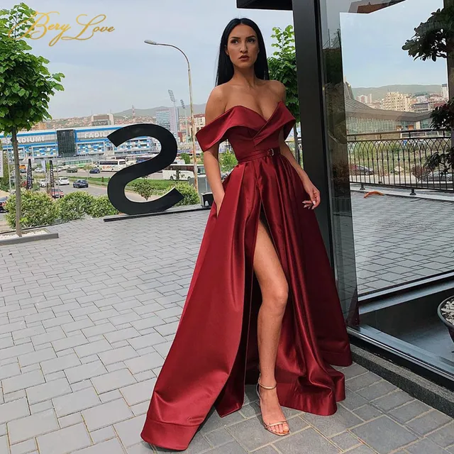 Off Shoulder Satin Evening Dresses Long Sexy High Slit Evening Gown Elegant High Waist Prom Dress Robe De Soiree Burgundy