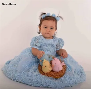 

SexeMara Blue Lace Baby Girls Birthday Clothes with Big Bow Beads Applique O Neck Long Length Infant Toddler Dress Formal Wear