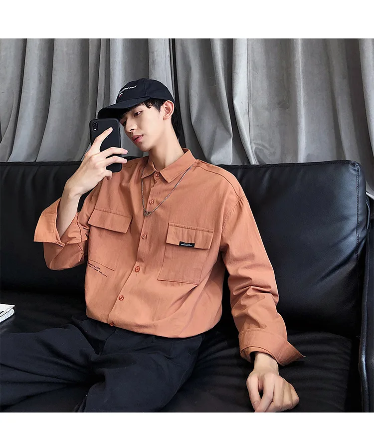2019 Осень Новый Японский Корейский тренд Мужская Печать сплошной цвет оригинальный карман оснастка Студенческая Повседневная рубашка