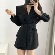 Элегантный пояс, Женский блейзер, платье, осеннее, с вырезом, офисный, Женский блейзер, уличная одежда, длинные куртки, женские короткие платья
