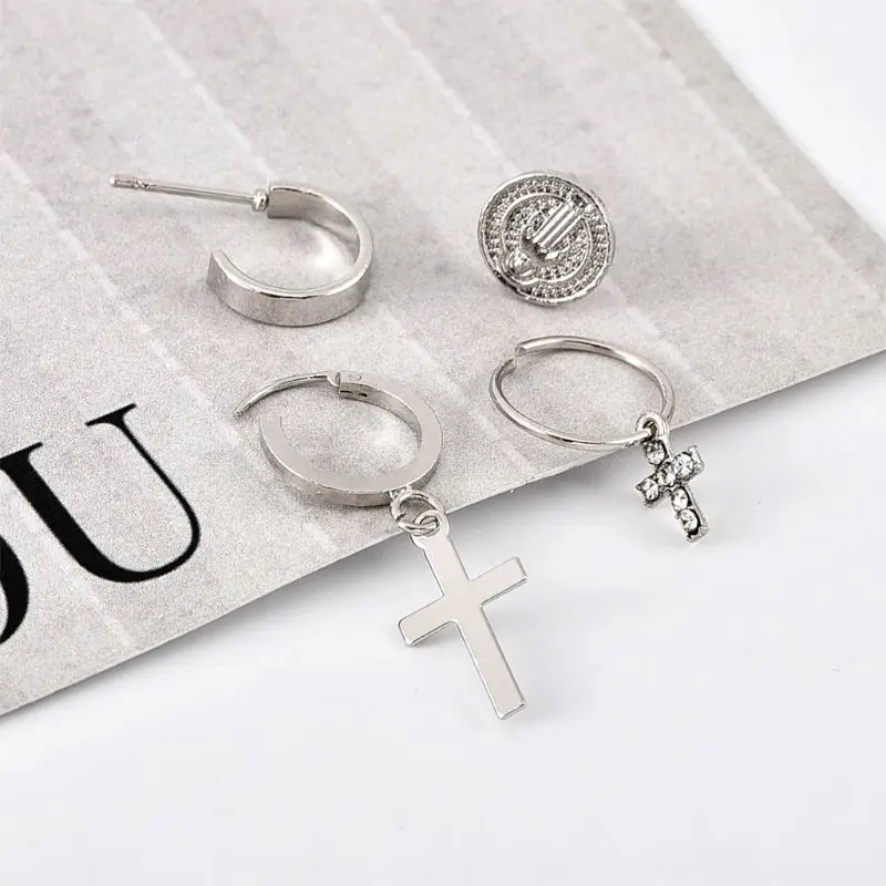 

4Pcs Antique Silver Assorted Religional Cross Pendant Virgin Mary Hoop Earrings Y4QB