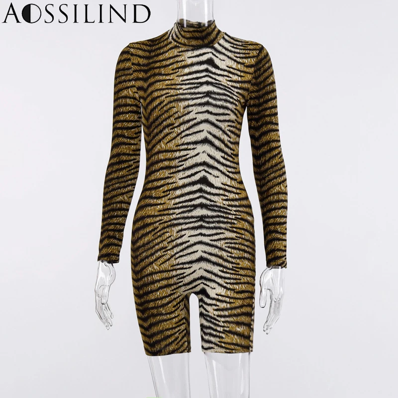 Женский леопардовый комбинезон AOSSILIND элегантный Облегающий с длинным рукавом и