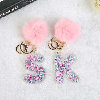 

1PC Women Keychains Gold Keyring 13 Words English Letter Glitter Acrylic Hollowed-out Handbag Charms with Puffer Ball