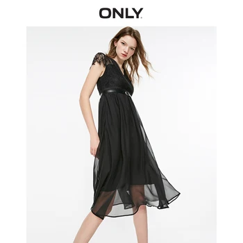 

ONLY Women's Black V-neckline Eyelash Lace Gauzy Dress | 119107733