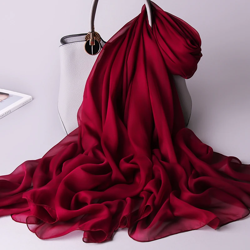 100% Real Silk Chiffon Scarf For Women Solid Pure Natural Large Shawls Wraps Ladies Sunscreen Scarfs 180x110cm |
