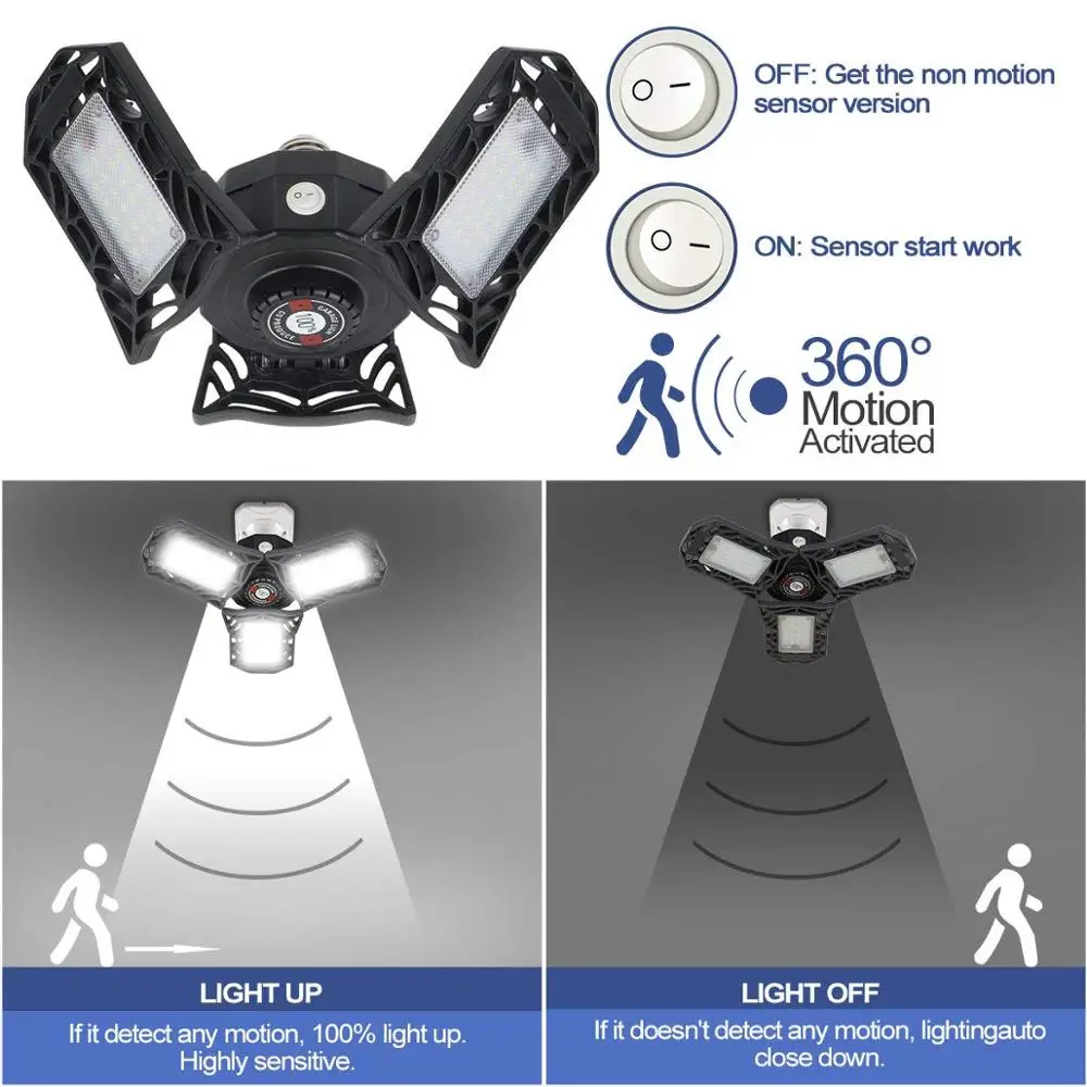 Светодиодный светильник для гаража с активированным движением E27 60 Вт, деформируемый светодиодный светильник с высоким заливом, промышленный светильник, светильник для мастерской, лампа для гаража