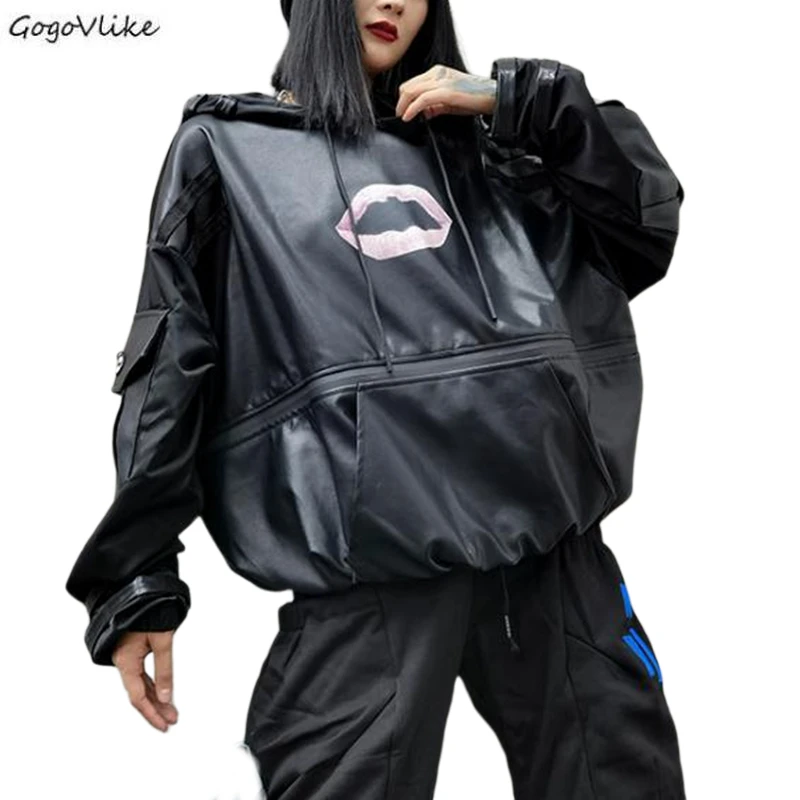 Embrioidery Lip Women Sweatshirt PU Leather