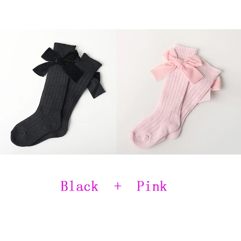 Black and Pink Длинные носки для девочек; детские носки; хлопковые кружевные Гольфы с оборками; 2 пар/лот; носки принцессы с бантом для маленьких девочек - Цвет: Black and Pink