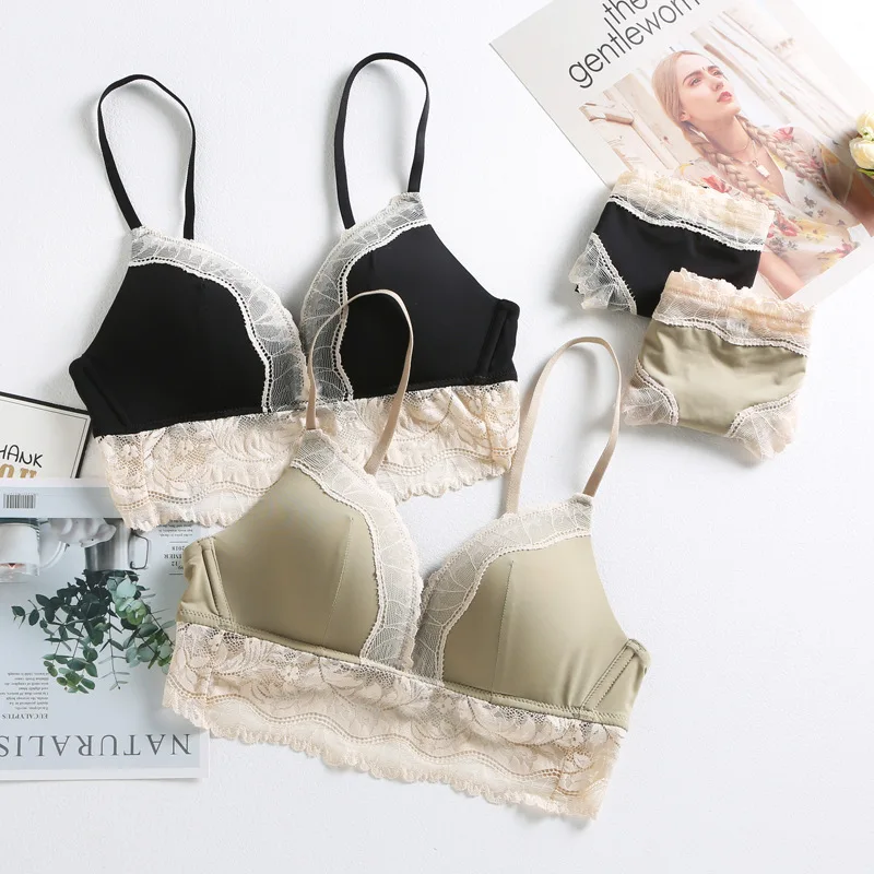 Goede Vrouwen Katoenen Ondergoed Sexy Kant Comfortabele Draadloze Bh Set Ultradunne Driehoek Cup Groen Lingerie Set Push Up Bh Slip Set